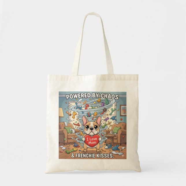 Powered By Chaos Frenchie Funny Dog Mum Gift Tote Bag (Front)