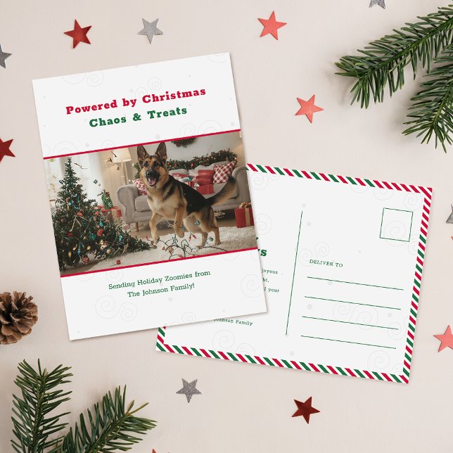 Powered by Christmas Chaos Funny Dog Pet Photo Holiday Postcard (Creator Uploaded)