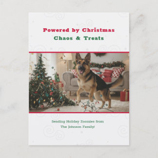 Powered by Christmas Chaos Funny Dog Pet Photo Holiday Postcard
