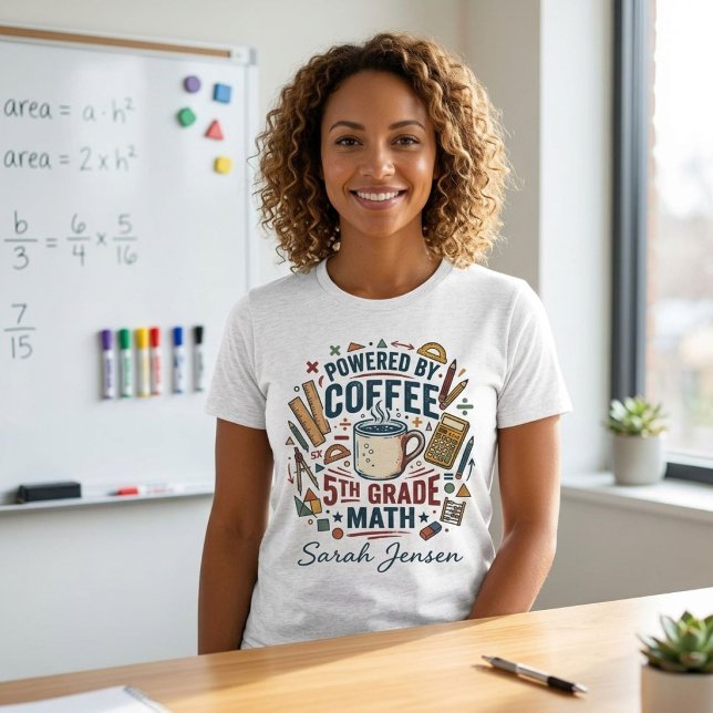 Powered By Coffee & 5th Grade Math Teacher Tri-Blend Shirt (Creator Uploaded)