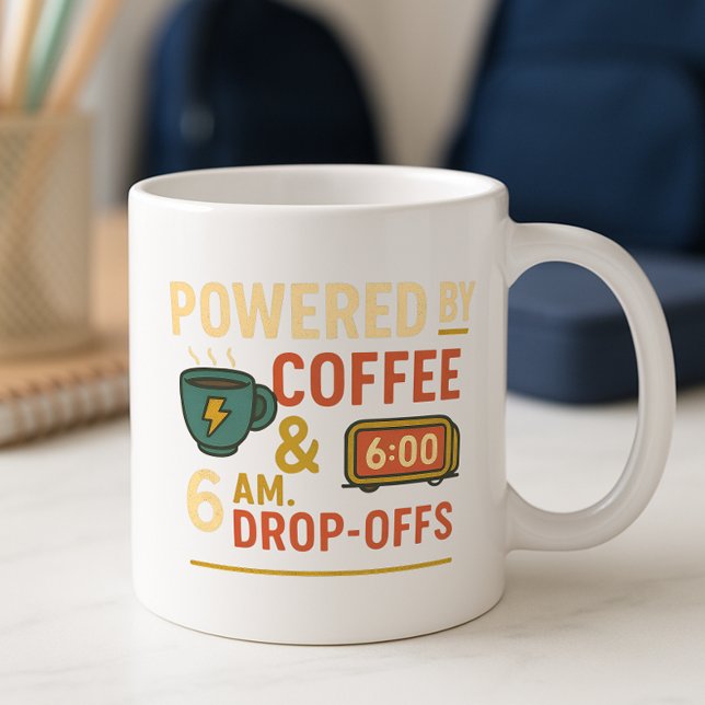 Powered by Coffee & 6 a.m. Drop‑Off Back-to-School Mug (Creator Uploaded)
