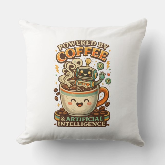 Powered By coffee and AI Retro coffee tech Graphic Cushion (Front)