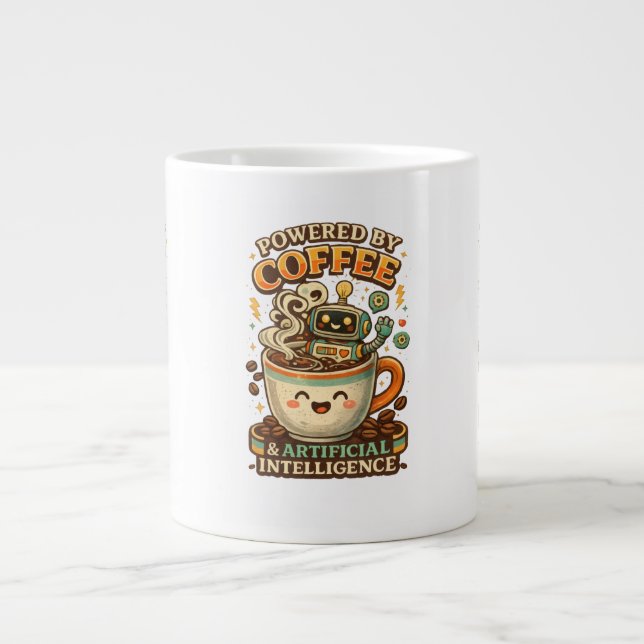 Powered By coffee and AI Retro coffee tech Graphic Large Coffee Mug (Front)