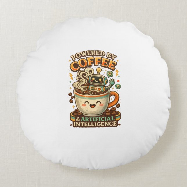 Powered By coffee and AI Retro coffee tech Graphic Round Cushion (Front)