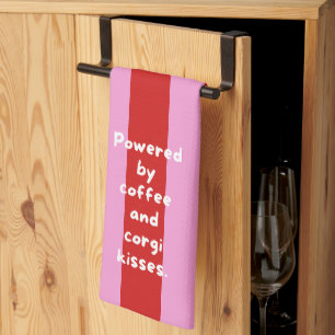 'Powered By Coffee And Corgi Kisses.' Red & Pink Tea Towel