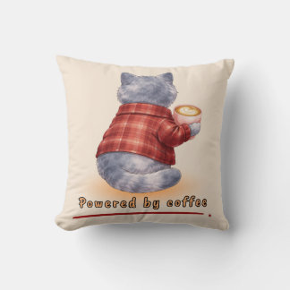 "Powered by Coffee" Cat Holding A Cup of Coffee Cushion