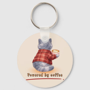 "Powered by Coffee" Cat Holding A Cup of Coffee Key Ring