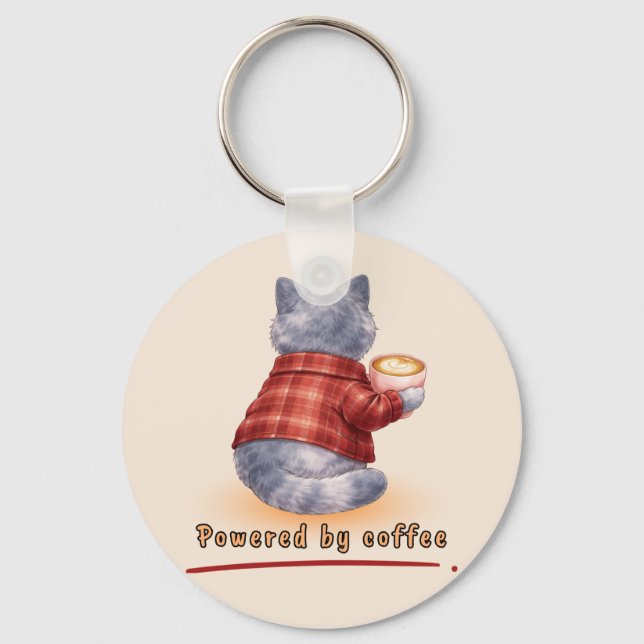 "Powered by Coffee" Cat Holding A Cup of Coffee Key Ring (Front)
