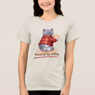 "Powered by Coffee" Cat Holding A Cup of Coffee Tri-Blend Shirt