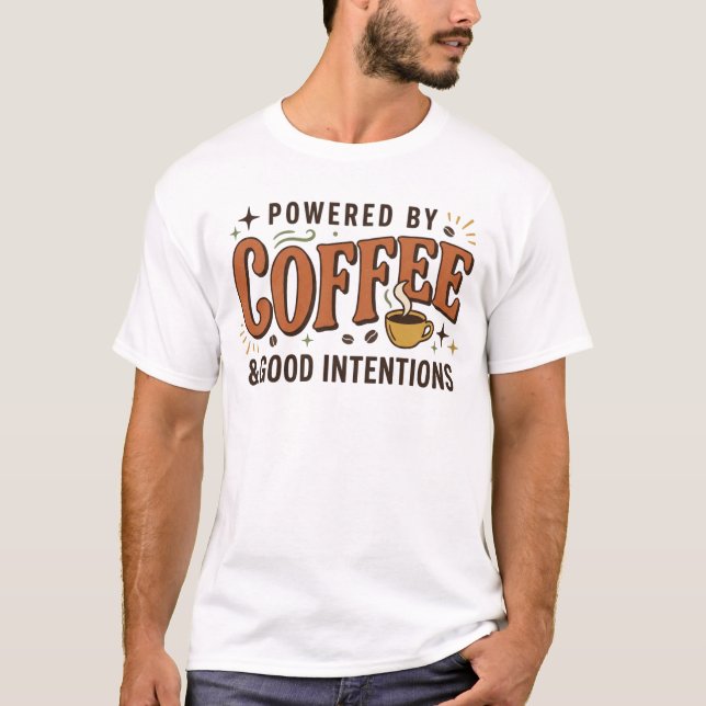 Powered By Coffee Retro 70s Typography T-Shirt (Front)