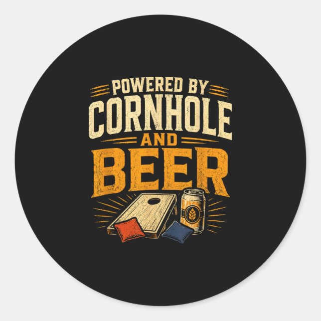 Powered by cornhole and beer funny tailgate classic round sticker (Front)