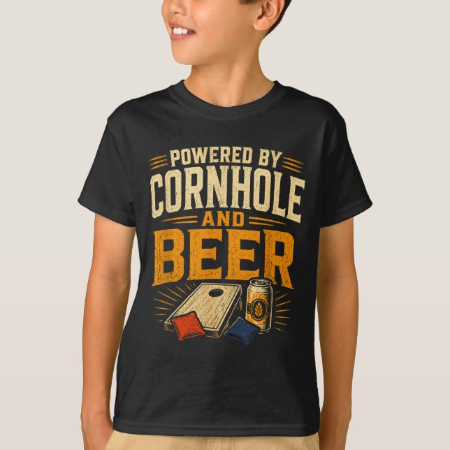 Powered by cornhole and beer funny tailgate T-Shirt (Front)