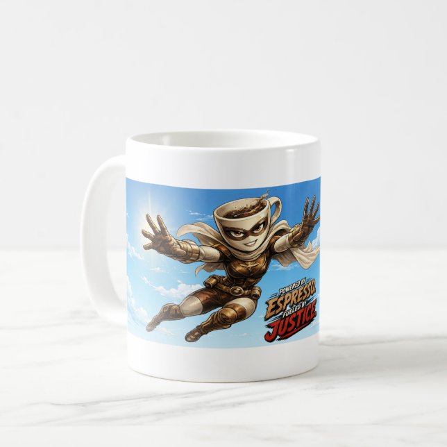 Powered by Espresso. Fuelled by Justice. Coffee Mug (Front Left)