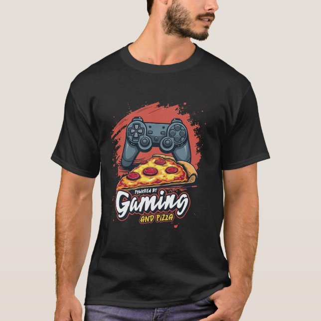 Powered by Gaming and Pizza Video Games Lover Funn T-Shirt (Front)