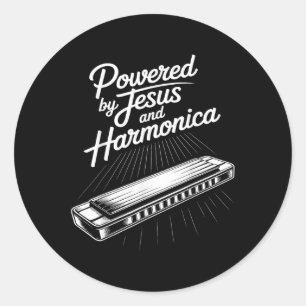 Powered By Jesus And Harmonica Christian Music Classic Round Sticker