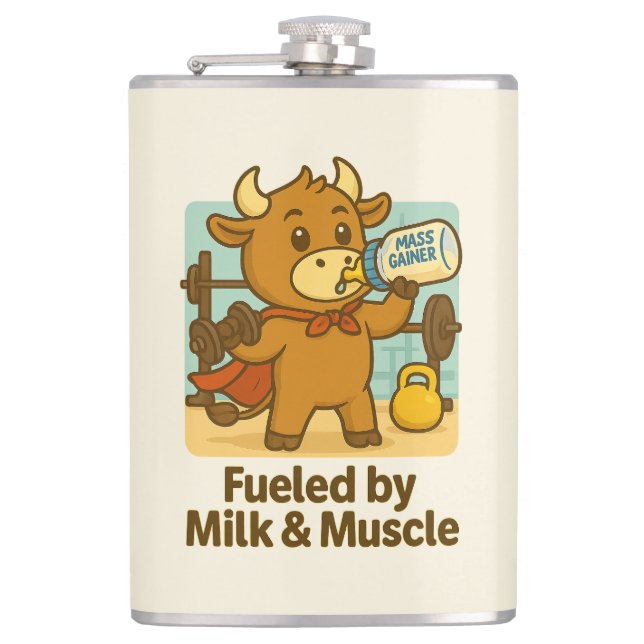 Powered by Milk & Muscle – Funny Bull Cartoon Flas Hip Flask (Front)