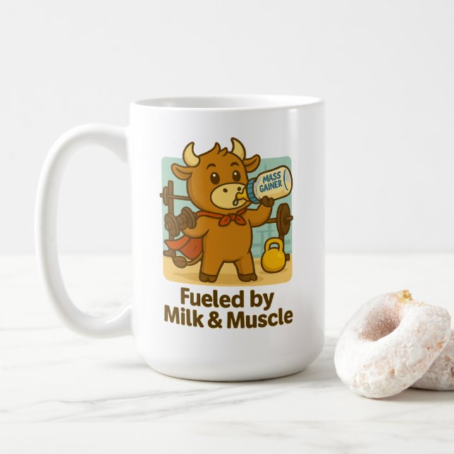 Powered by Milk & Muscles – Funny Bullio Mug (With Donut)