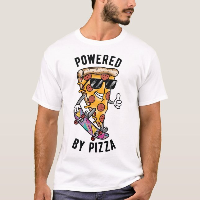 Powered By Pizza, Funny 80s Retro Style Pizza Love T-Shirt (Front)