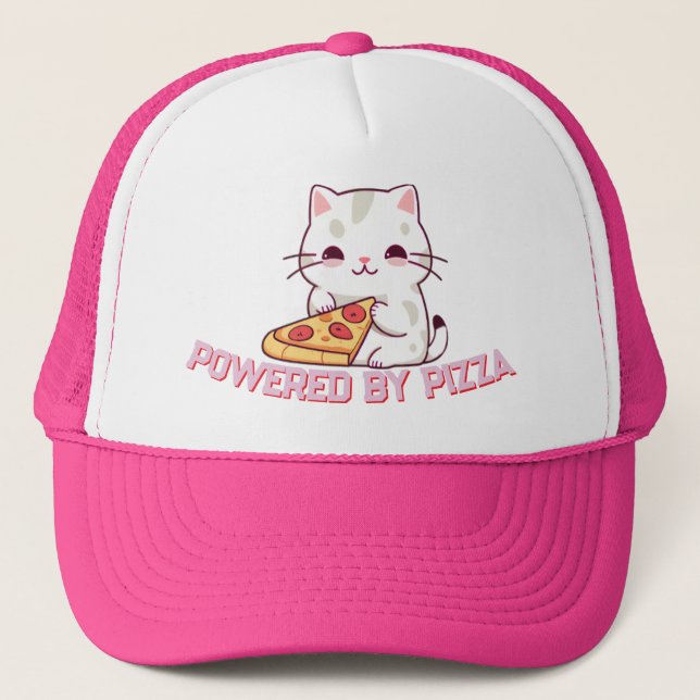 Powered By Pizza with a Cute Cat Trucker Hat (Front)