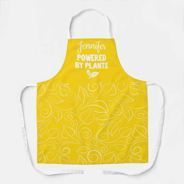 Powered by plant Vegan floral yellow with name Apron (Front)