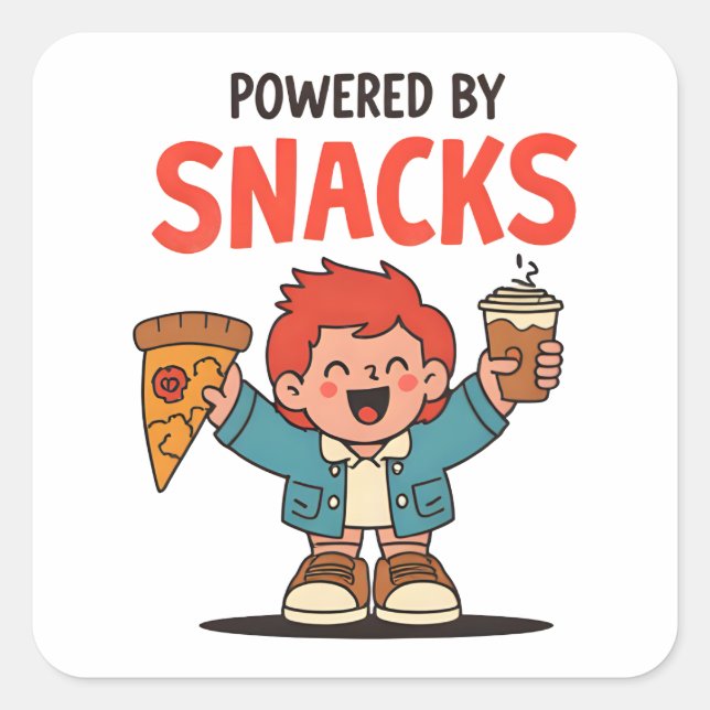 Powered by Snacks – Cute Cartoon Food Lover Design Square Sticker (Front)