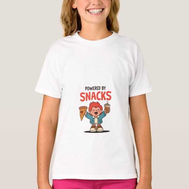 Powered by Snacks – Cute Cartoon Food Lover Design T-Shirt (Front)
