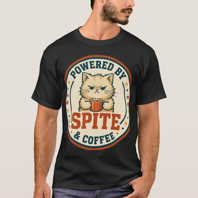 Powered By Spite & Coffee – Funny Grumpy Cat T-Shirt (Front)