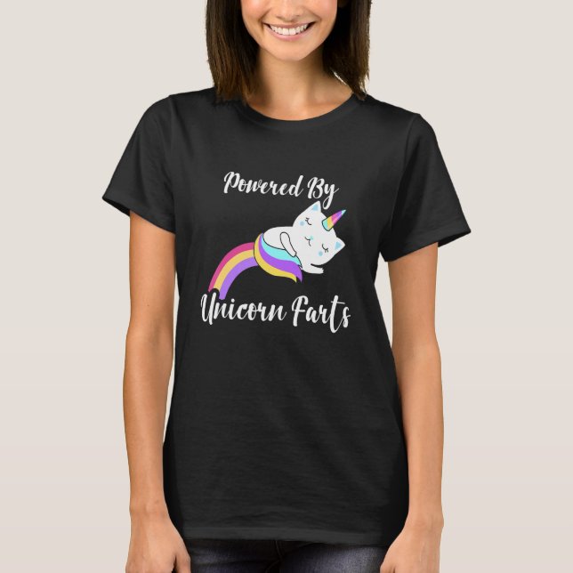 Powered By Unicorn Farts Unicorn Cat Farting Rainb T-Shirt (Front)