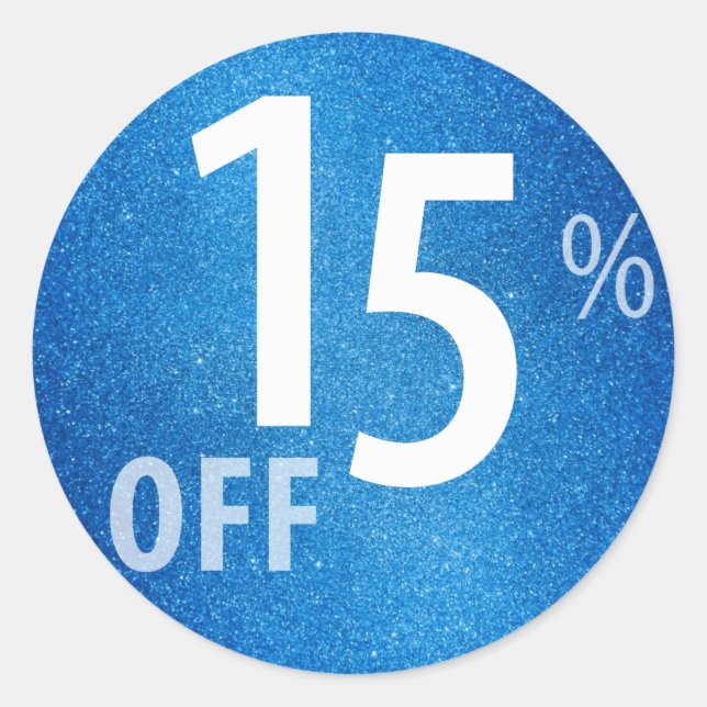 Powerful 15% OFF SALE Sign | Blue Glitter Classic Round Sticker (Front)