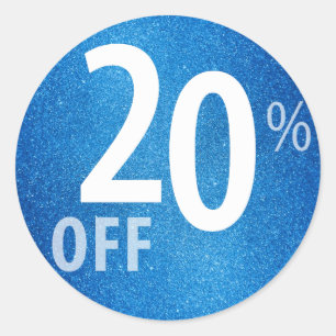 Powerful 20% OFF SALE Sign   Blue Glitter Classic Round Sticker