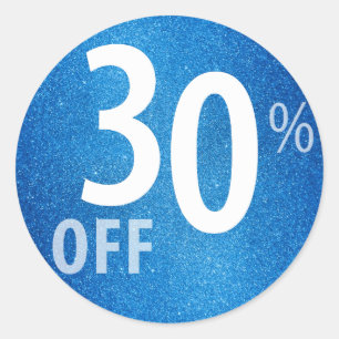 Powerful 30% OFF SALE Sign   Blue Glitter Classic Round Sticker