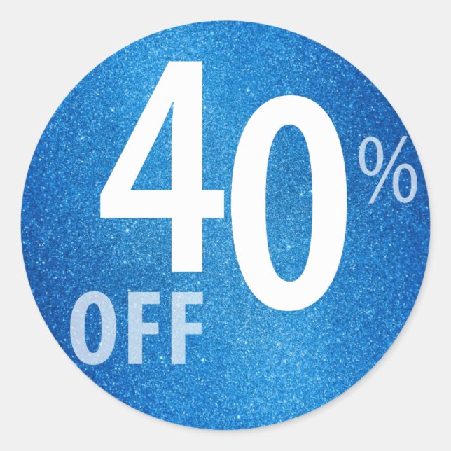 Powerful 40% OFF SALE Sign | Blue Glitter Classic Round Sticker (Front)