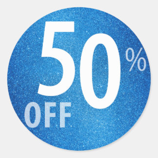 Powerful 50% OFF SALE Sign | Blue Glitter Classic Round Sticker