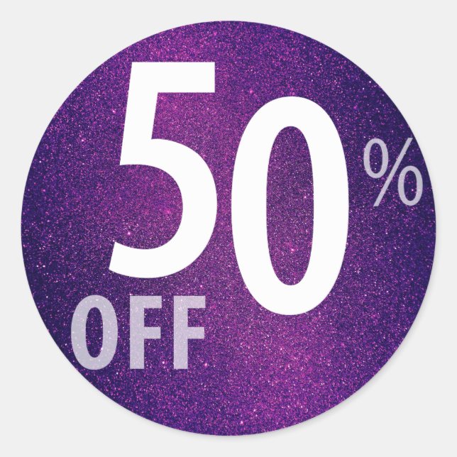 Powerful 50% OFF SALE Sign | Purple Glitter Classic Round Sticker (Front)
