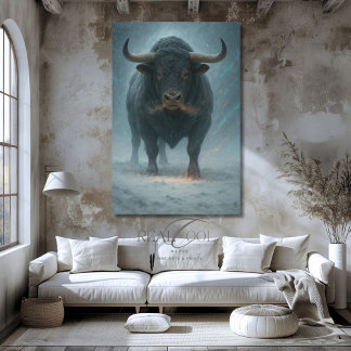 Powerful Bull in Magical Snow Landscape Art Print
