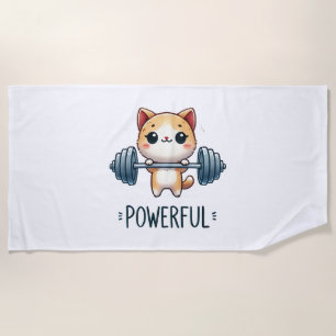 Powerful Cat Lifting Weights, Cute Gym Kitty Art Beach Towel