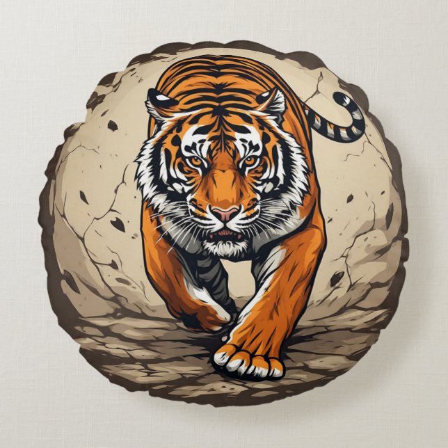 Powerful Charging Tiger Round Cushion (Front)