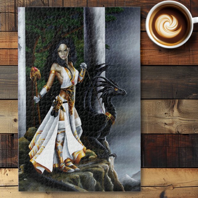 Powerful Fantasy Sorceress Black Dragon Guardian Jigsaw Puzzle (Creator Uploaded)