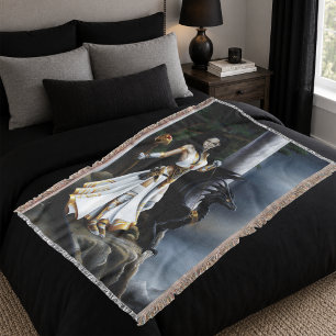 Powerful Fantasy Sorceress Black Dragon Guardian Throw Blanket