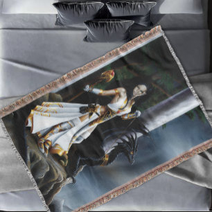 Powerful Fantasy Sorceress Black Dragon Guardian Throw Blanket
