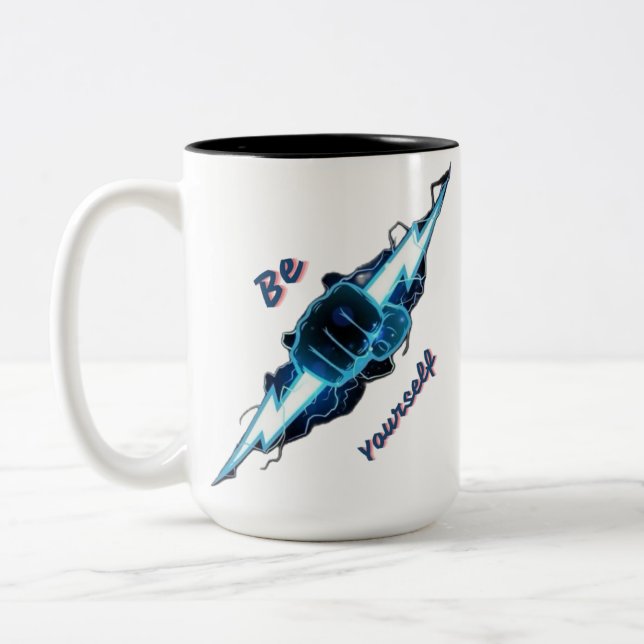 Powerful Fist Grabbing Lightning Bolt - "Be Yourse Two-Tone Coffee Mug (Left)