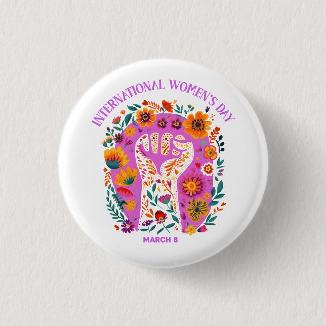 Powerful Floral Fist International Women's Day 3 Cm Round Badge (Front)