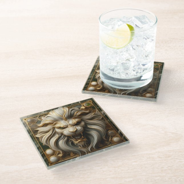 Powerful Golden Lion with Rich Ornamentation Glass Coaster (Angled)