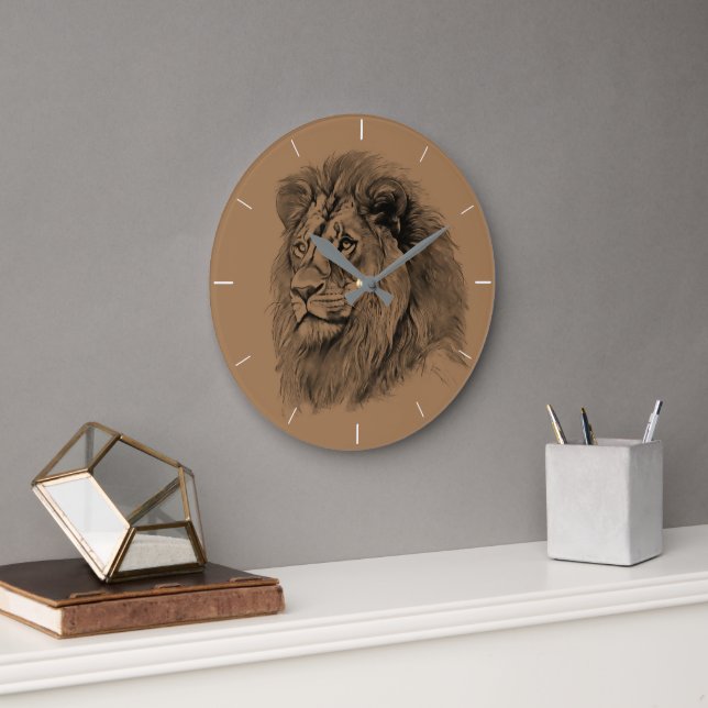 Powerful Lion Portrait Large Clock (Office)
