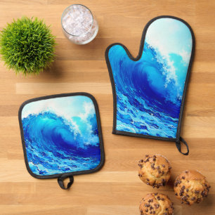 Powerful Ocean Wave Surge Design Oven Mitt & Pot Holder Set