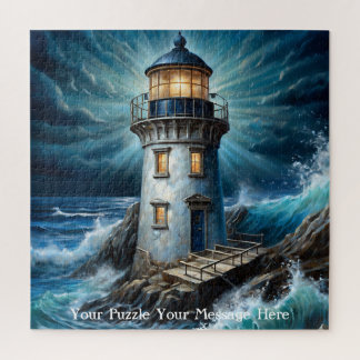 Powerful storm crashing against a lighthouse jigsaw puzzle