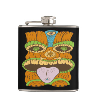 Powerful Tiki Statue in Psychedelic Mood, Funny Hip Flask