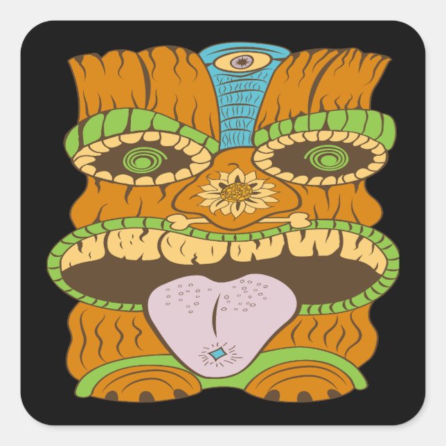 Powerful Tiki Statue in Psychedelic Mood, Funny Square Sticker (Front)