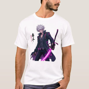 Powerful White-Haired Anime Warrior with Glowing T-Shirt