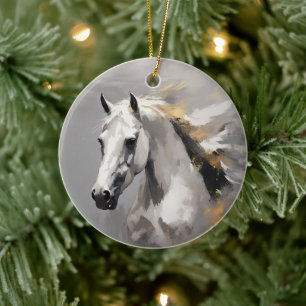 Powerful White Horse Portrait Oil Effect Ceramic Tree Decoration